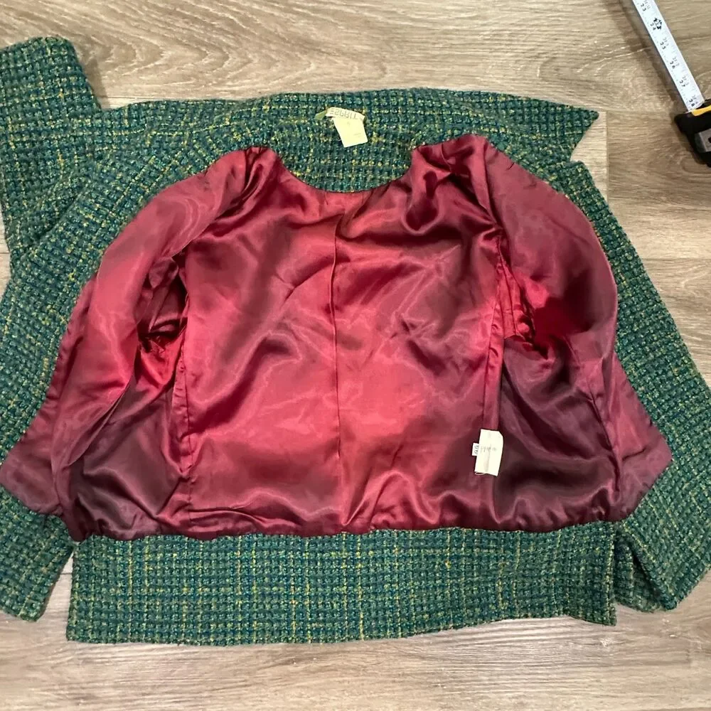Vintage 90s Esprit Green Yellow Tweed Blazer Mini Skirt Suit Set Size 5/6 Small